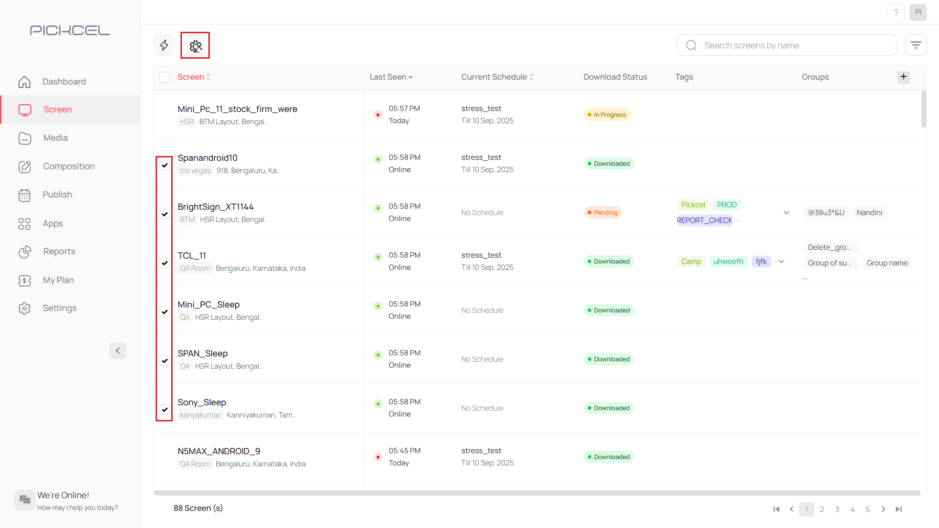 Select screens and click Settings