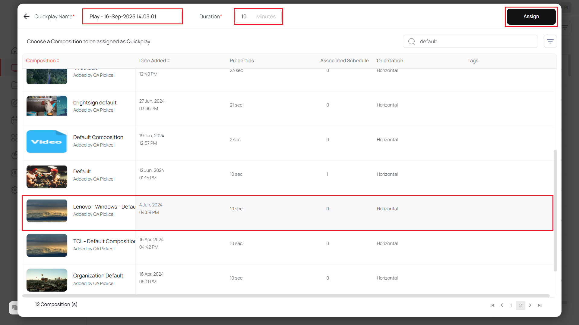Select composition and assign