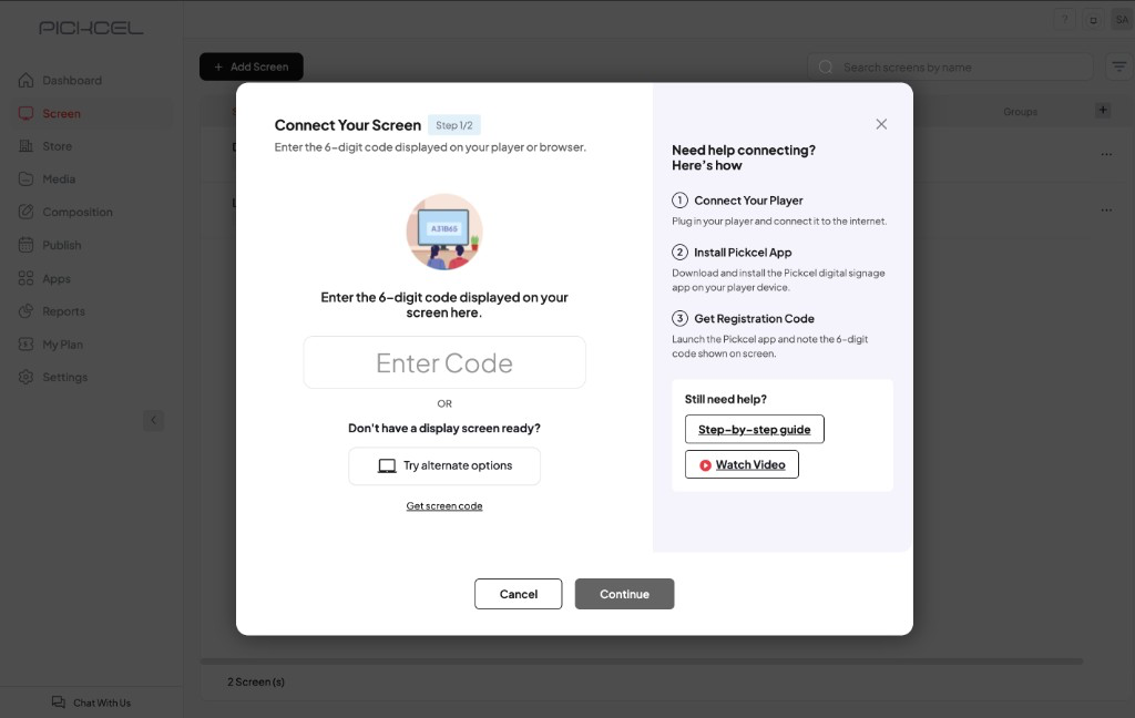 Connect Your Screen dialog with the Try alternate options button