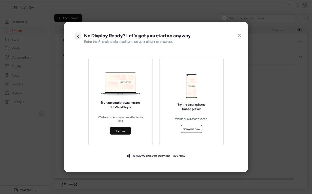 No Display Ready screen with the Web Player card and Try Now button