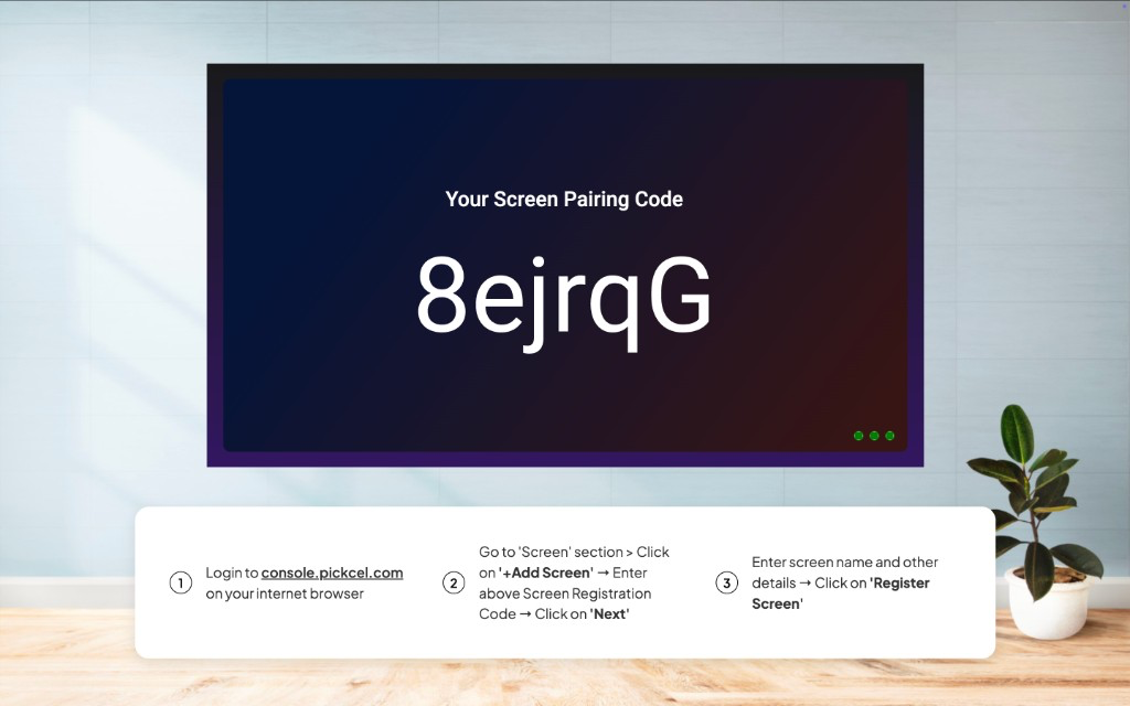 Web Player tab displaying the screen pairing registration code