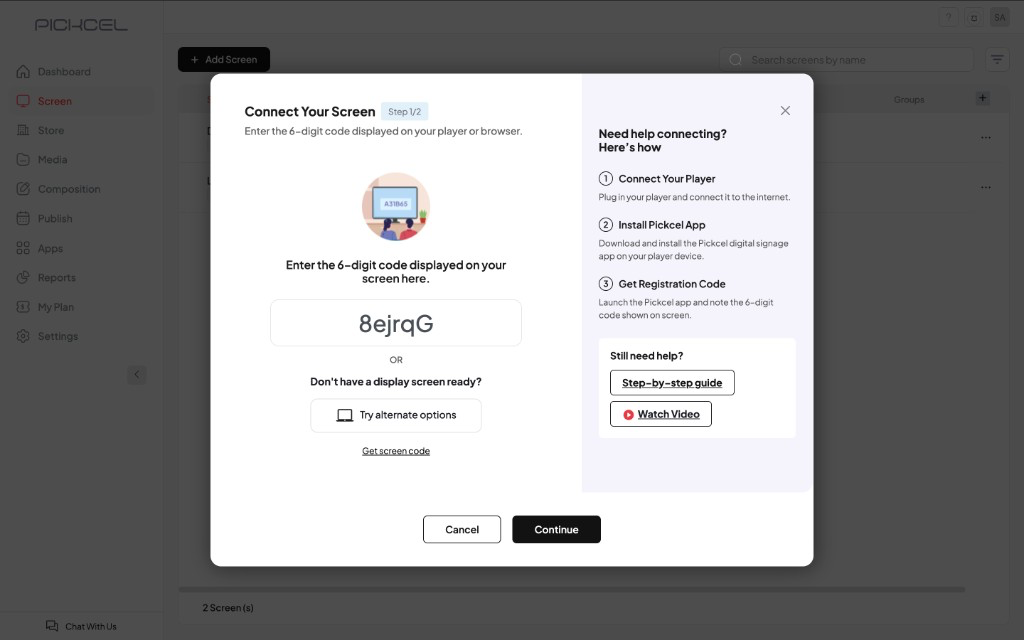 Connect Your Screen dialog with the Webplayer registration code entered