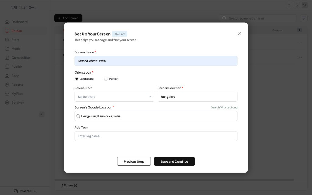 Set Up Your Screen form with name, orientation, location, and Google location fields
