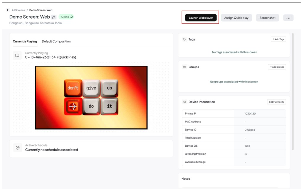 Screen detail page with the Launch Webplayer button in the header