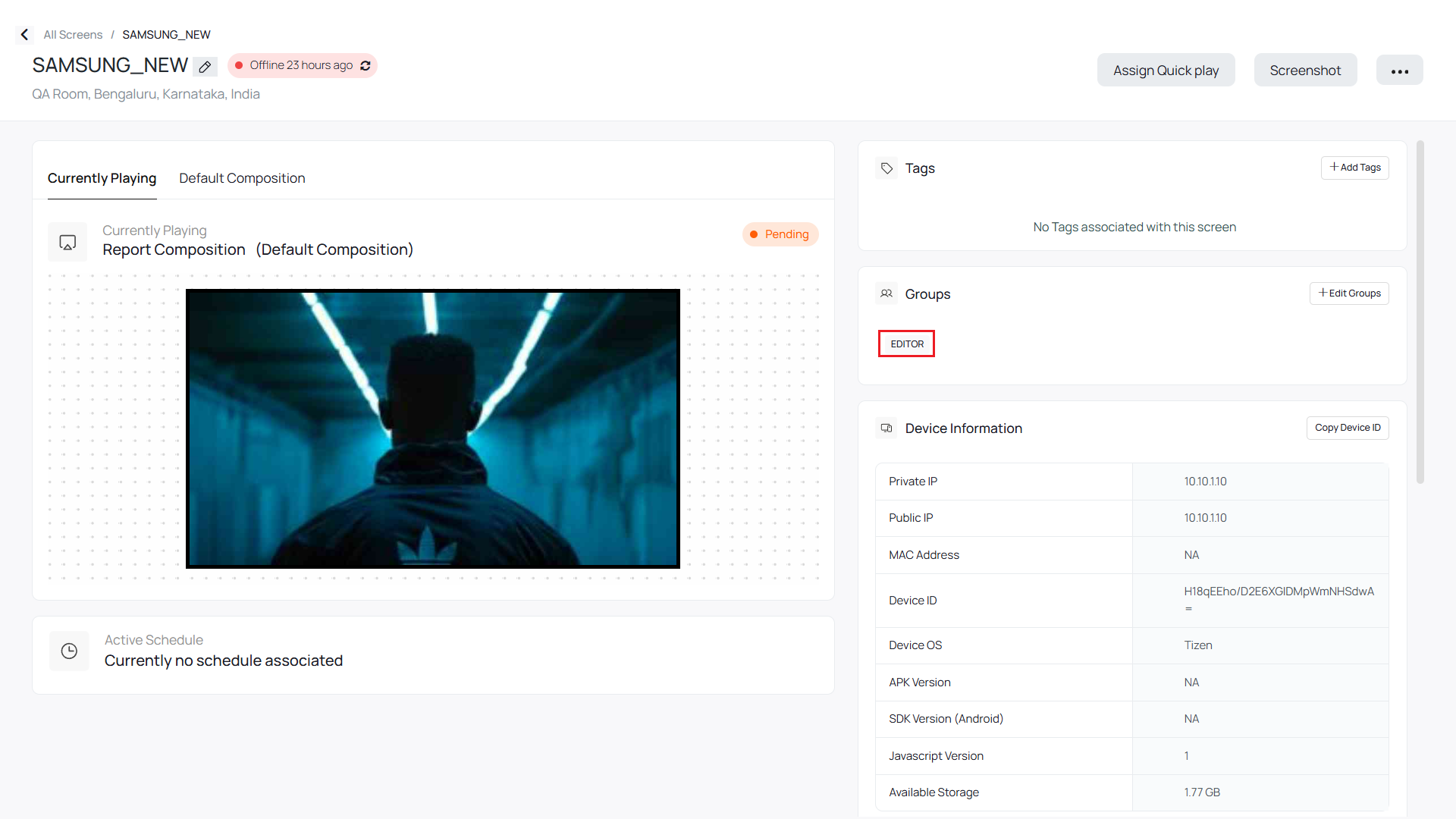 Screen with assigned group