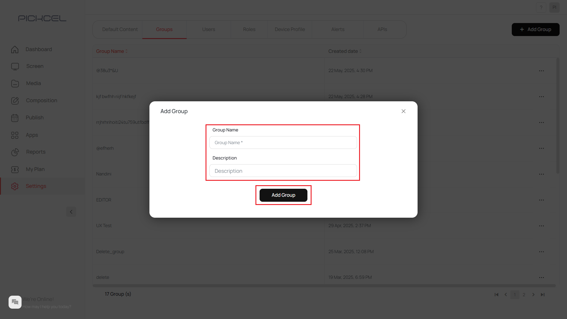 Enter group name and description