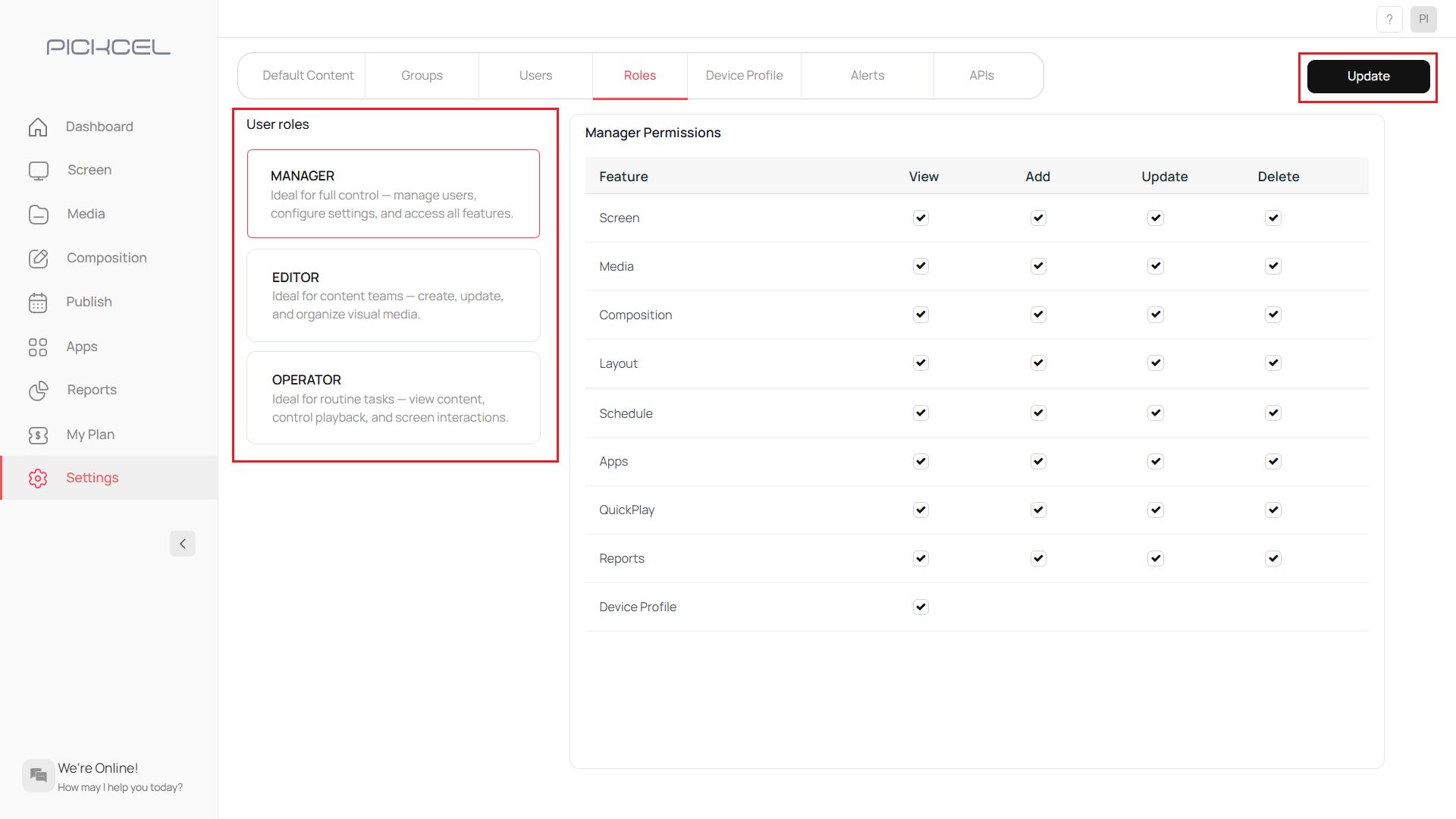 Set role permissions and update